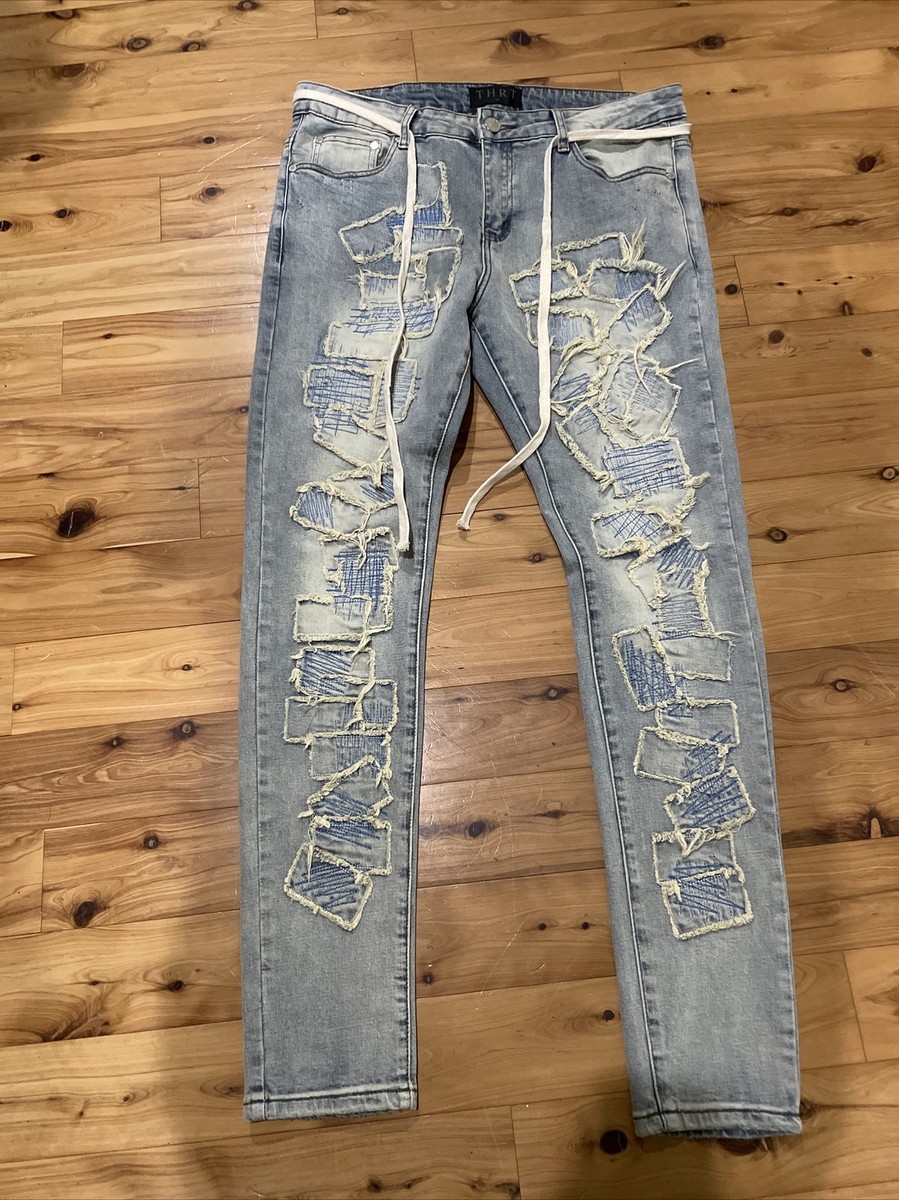 THRT Denim Slim Skinny Stretch Rip Repair Distressed Blue Jeans Mens 36 X 32