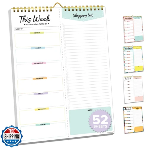 Decorably 52 Sheets Pastel Rainbow Undated Weekly Menu Planner Pad with Stron