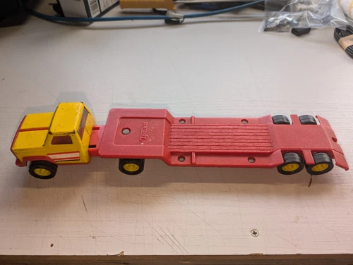Vintage Mini Tonka Yellow/Red Truck with Lowboy Trailer Plastic And Metal