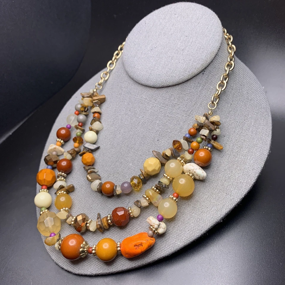 Collar Boho en Capas Piedras Preciosas Chip Grueso Cuentas Naranja Marrón Tono Dorado Foto 3 de 4