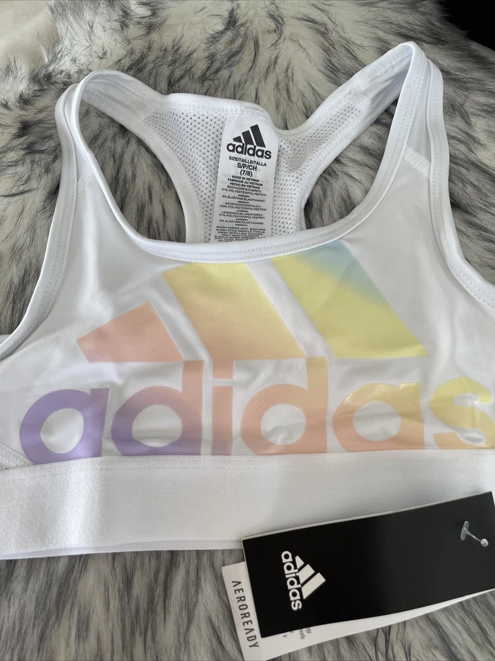 Adidas Aeroready Girls Sport Iridescence Logo Bra White Stretch RacerBack S(7/8) - Image 2 of 4