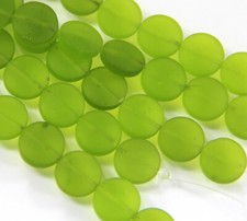 Puffed Coin Beads,12mm, Olive Green w/ Frosted Sea Glass Finish, 8 Pieces