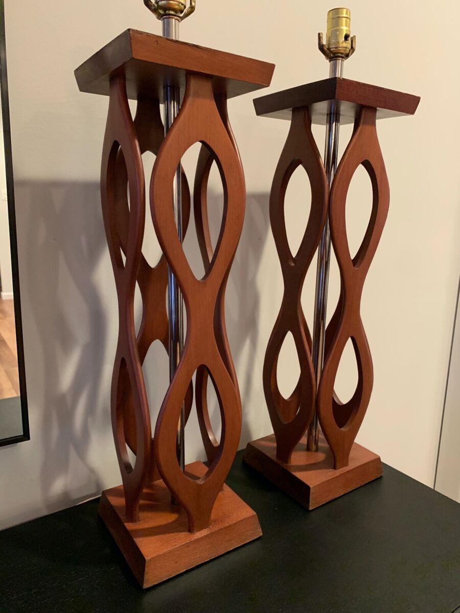 ❤️ Vintage Pair MCM Mid Century Modern Table Lamps Wood ❤️ Vintage Pair MCM Mid Century Modern Table Lamps Wood