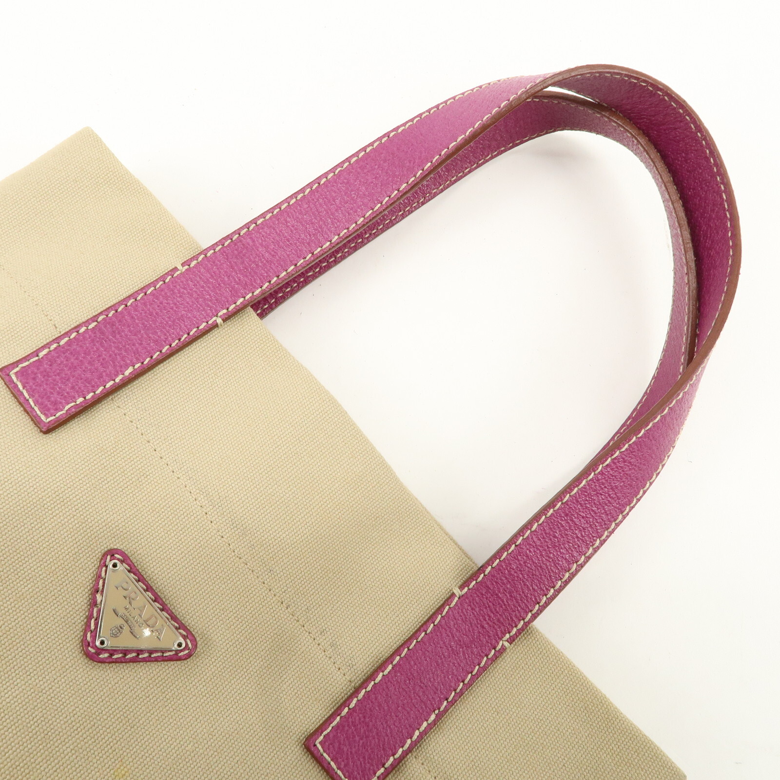PRADA Logo Hand Bag Tote Beige Purple Canvas Leather BN0686 Auth Used image 6
