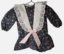 Doll Baby Dress VTG Green Floral Lace Pink Bow 1980s Style 11" Long