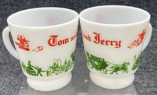 Tom & Jerry Hazel Atlas Glass Mugs Lot of 2 MCM Egg Nog Cups Milk Glass Vintage