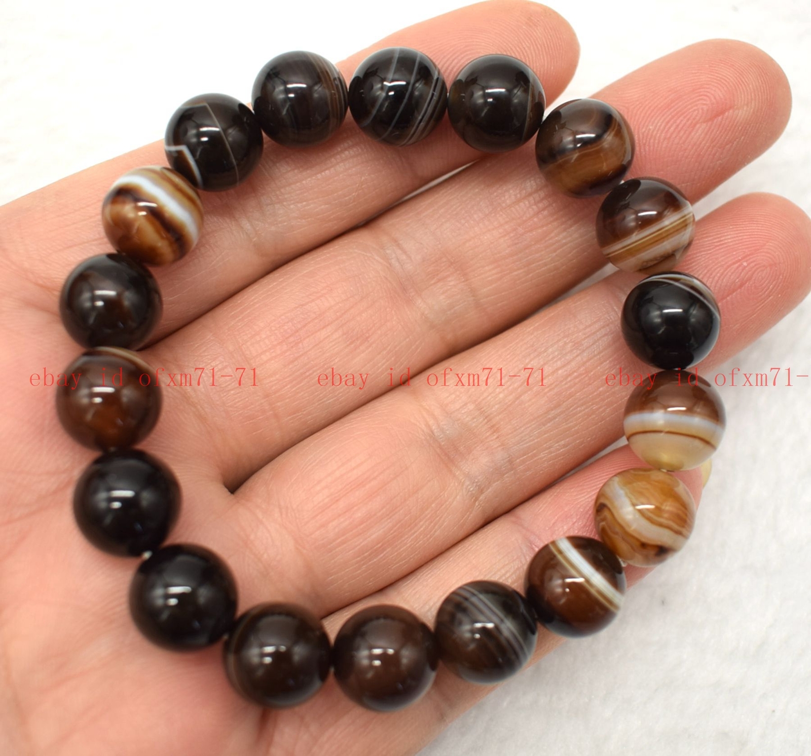 10mm Brown Striped Agate Round Bead Stretch Bracelet 7-9 Inches