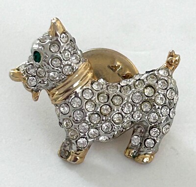 Vintage Small Collar Scottie Dog Rhinestone Brooch Pin Gold Tone Green Eye