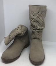 Toms Slouch Boot Serra Beige Suede Mid Calf Pull 1" Stacked Block Heel New Sz 5
