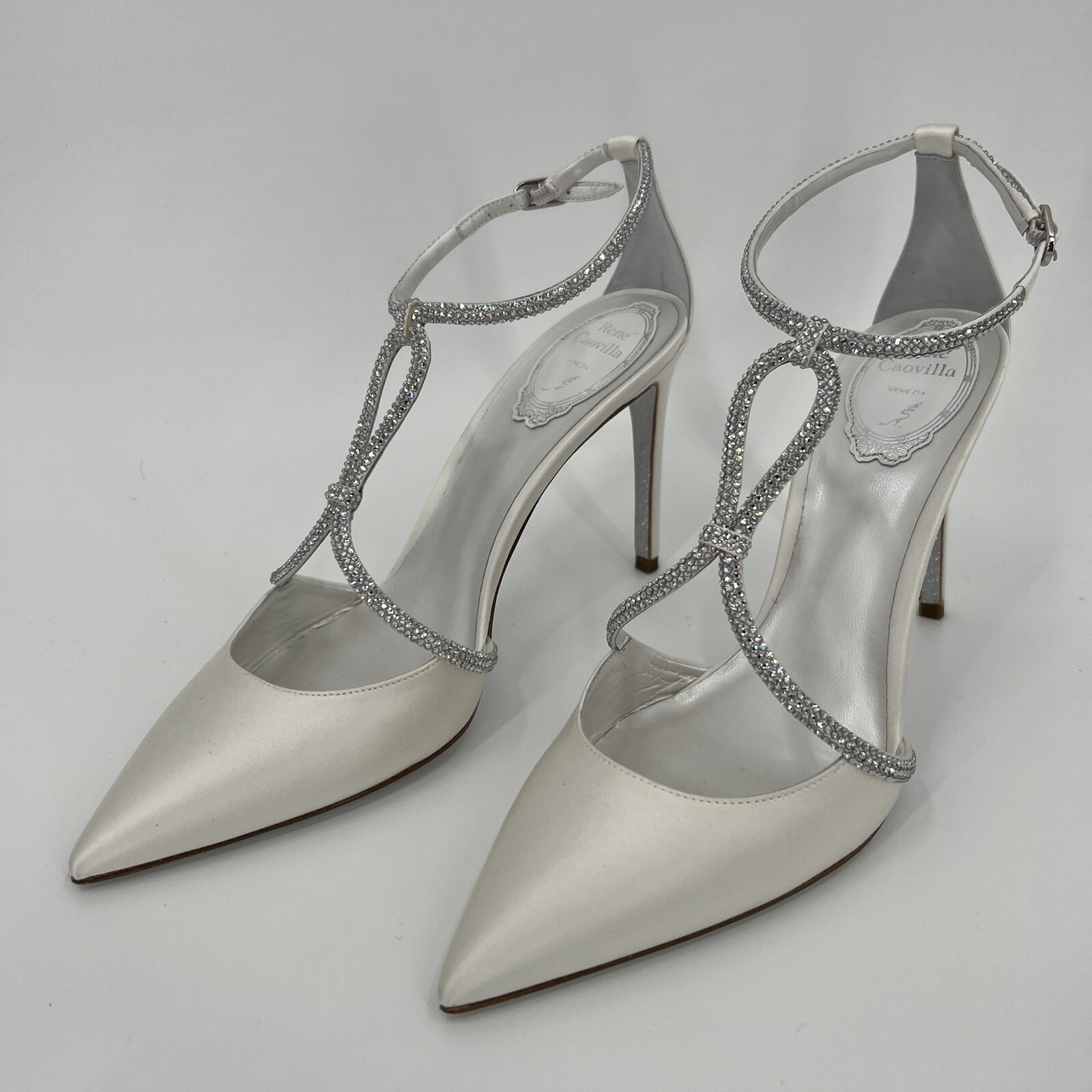 Rene Caovilla Clippy Ivory Satin Slingback Heels 39 US-9 Crystal Wedding  Bridal 400151684881 | eBay