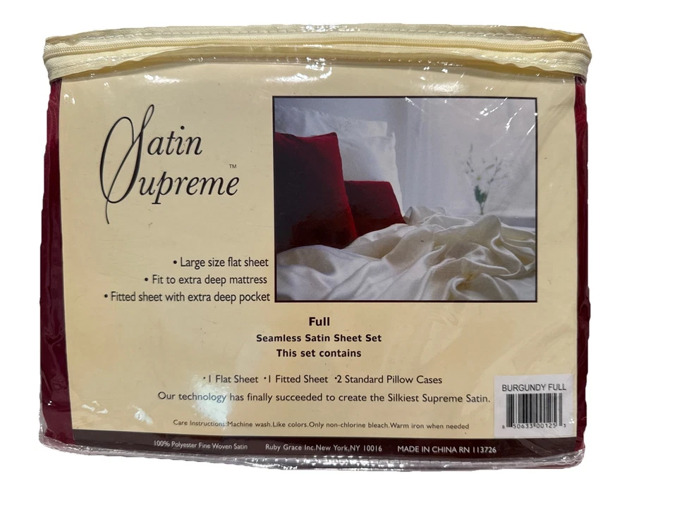 Juego de sábanas de satén sin costuras tamaño completo extra profundo borgoña años 90 de colección. Juego de 4 piezas nuevo Foto 3 de 4