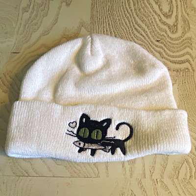 Cute Child White Knit Beanie Hat, Embroidered Black Cat, One Size