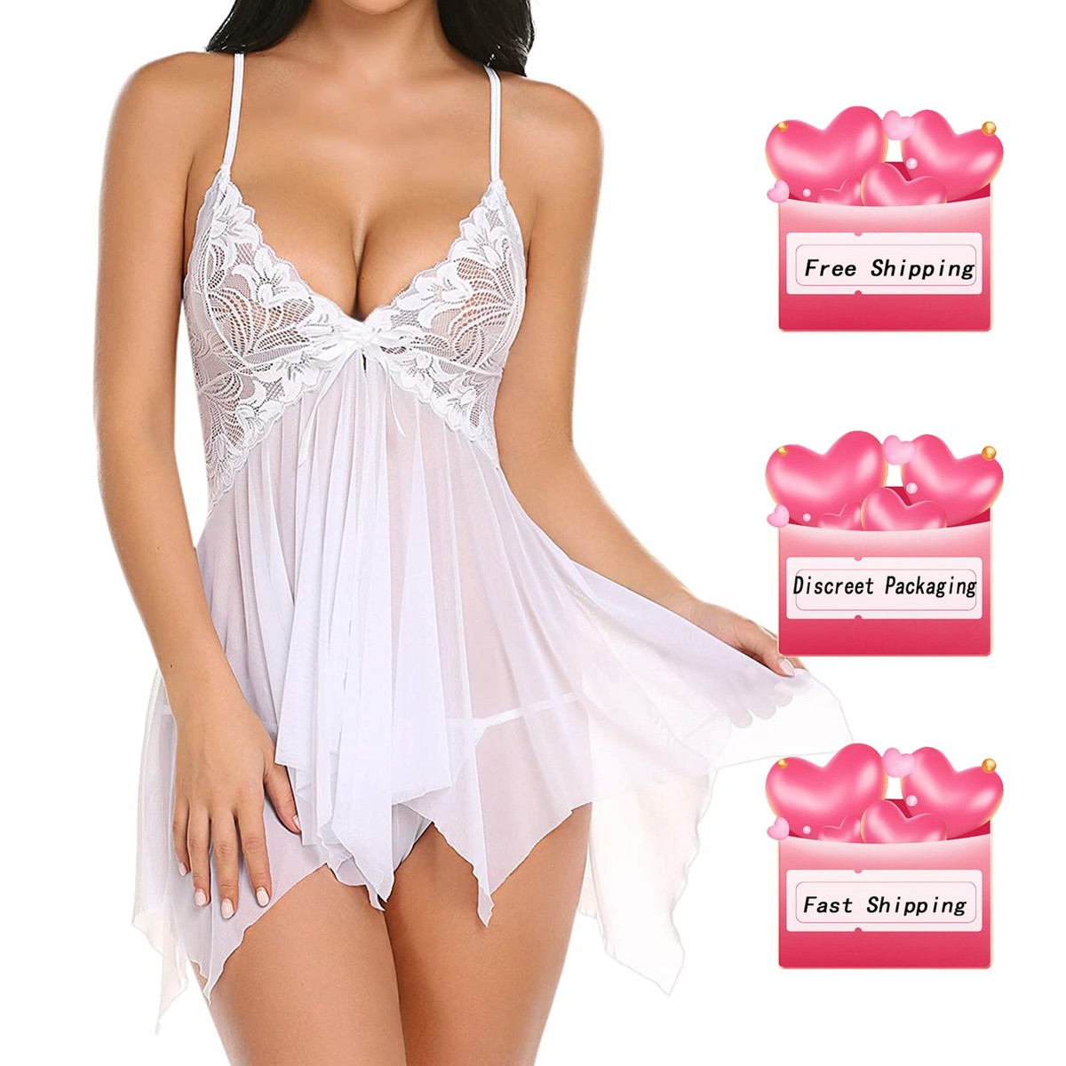 Sexy Lingerie Women Nightwear Open Front Sheer Mesh Babydoll Chemise  Anniversary