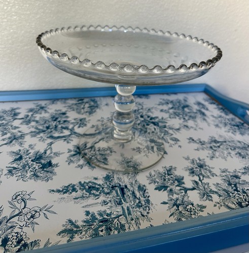Vintage Elegant Glass Pedestal Compote Beaded Edge Three Ball Stem 10”