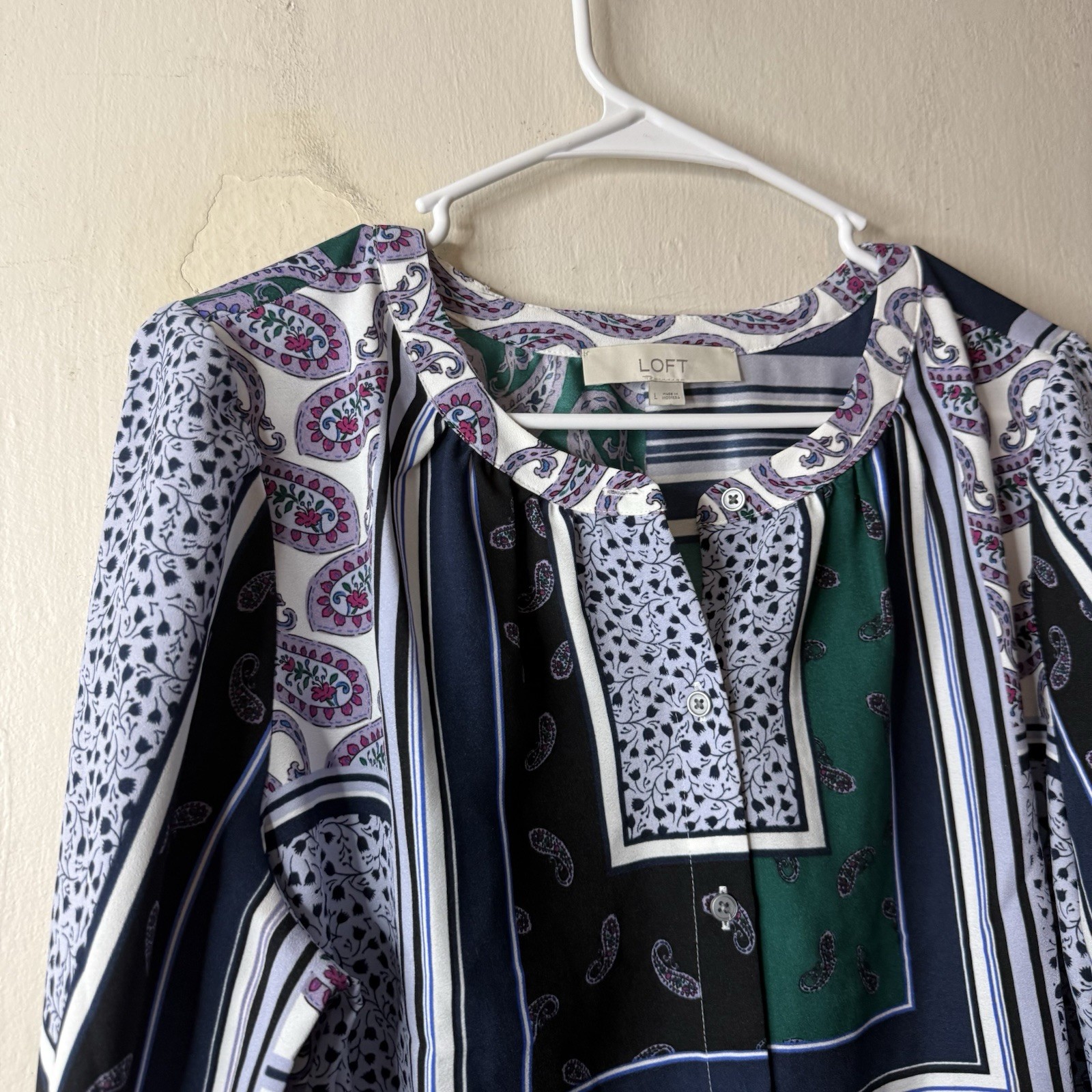 Loft Patchwork Paisley Long Sleeve Button Blouse … - image 2