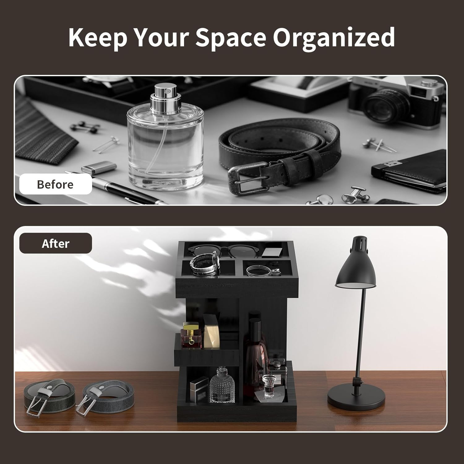 Wooden Cologne Organizer for Men: 3 Tier Perfume Display Stand with 360 Degree R