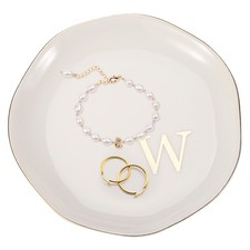 Ceramic Jewelry Tray, Letter W Vanity Tray for Earrings Key, Gold Edge White