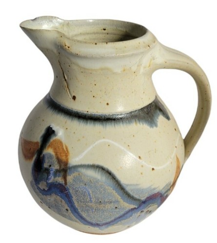 Marked Signed Artisan's Painted Ceramic Pitcher Blue Beige Abstract Design - Picture 10 of 12