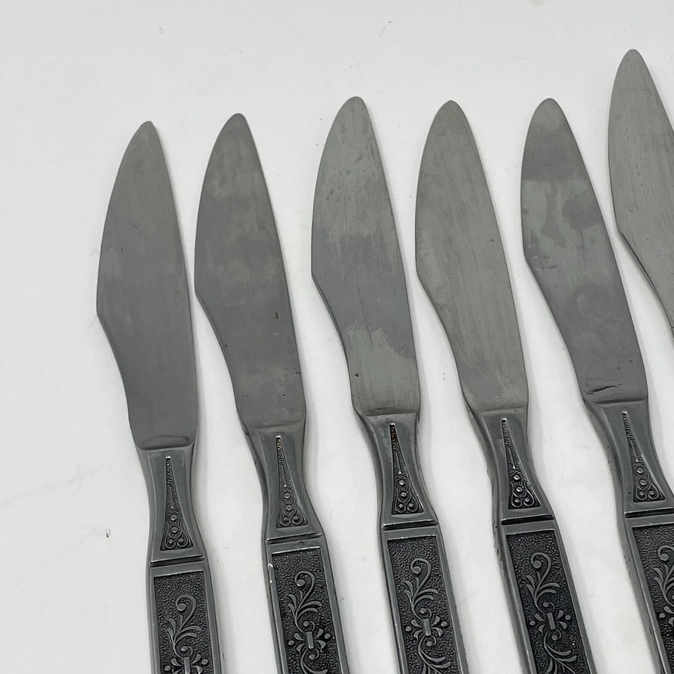 Stylecraft SYF10 Stainless Steel 6 Dinner Knives Glossy Square Tip Scroll Japan+ - Image 3 of 4