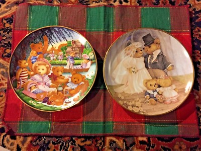 Wow! 2 Franklin MInt Heirloom Collectible Teddy Bear Plates PICNIC & MARRIED  
