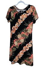 Hilo Hattie Hawaiian Vintage Shift Dress Tropical Floral Midi Black Sz Large USA