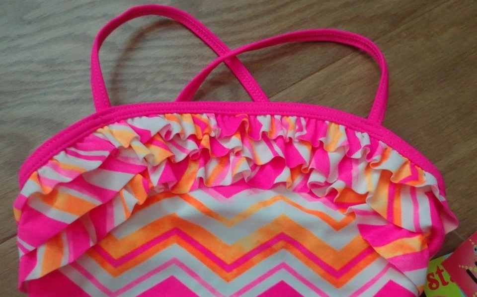 St. Tropez brand girls NWT sz 5 one-piece tankini striped pink/orange swimsuit   - Image 3 of 4