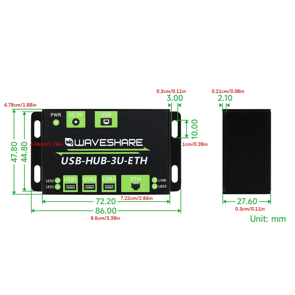 3-Port USB Hub with 100M Ethernet Port - Industrial-Grade Extension Board