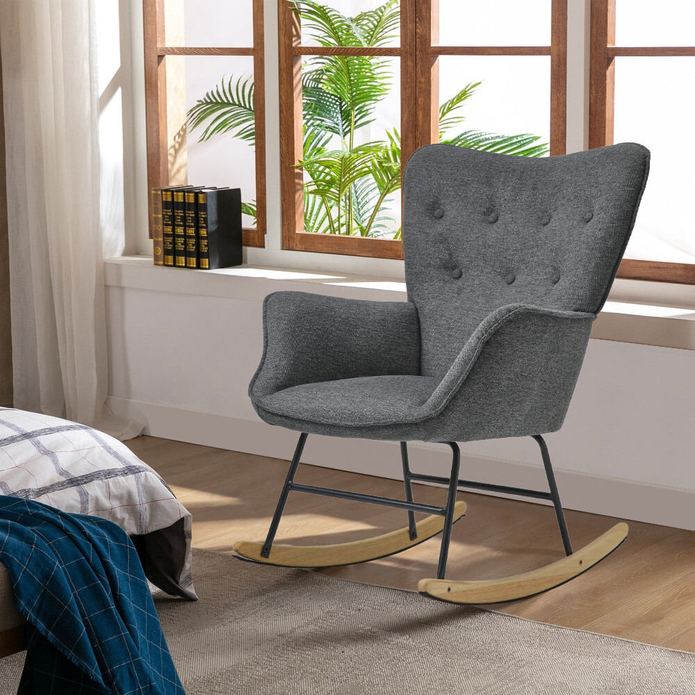 Linen Padded Rocking Chair Relaxing Armchair Button Back Rocker Lounge Chair - Main Image