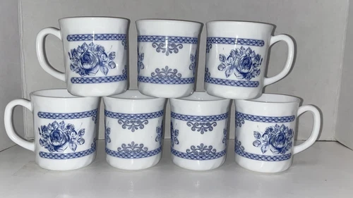 Arcopal France Honorine Blue Rose Floral Milk Glass Mugs 7 in set