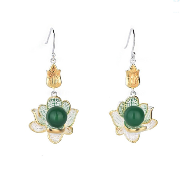 Alternate view of Jade Drop Dangle Earrings Lotus Flower Gemstone Boho 18k White Gold Plated