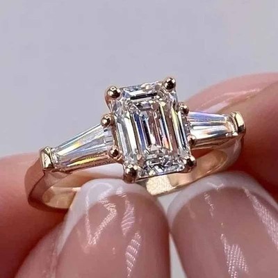 4CTW Emerald-Cut Moissanite Three Stone Engagement Ring 14k Rose Gold Plated