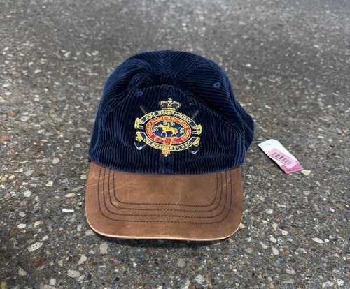 Vintage 90s Polo Ralph Lauren Blue Corduroy Sportsman Hat Leather Bill Deadstock