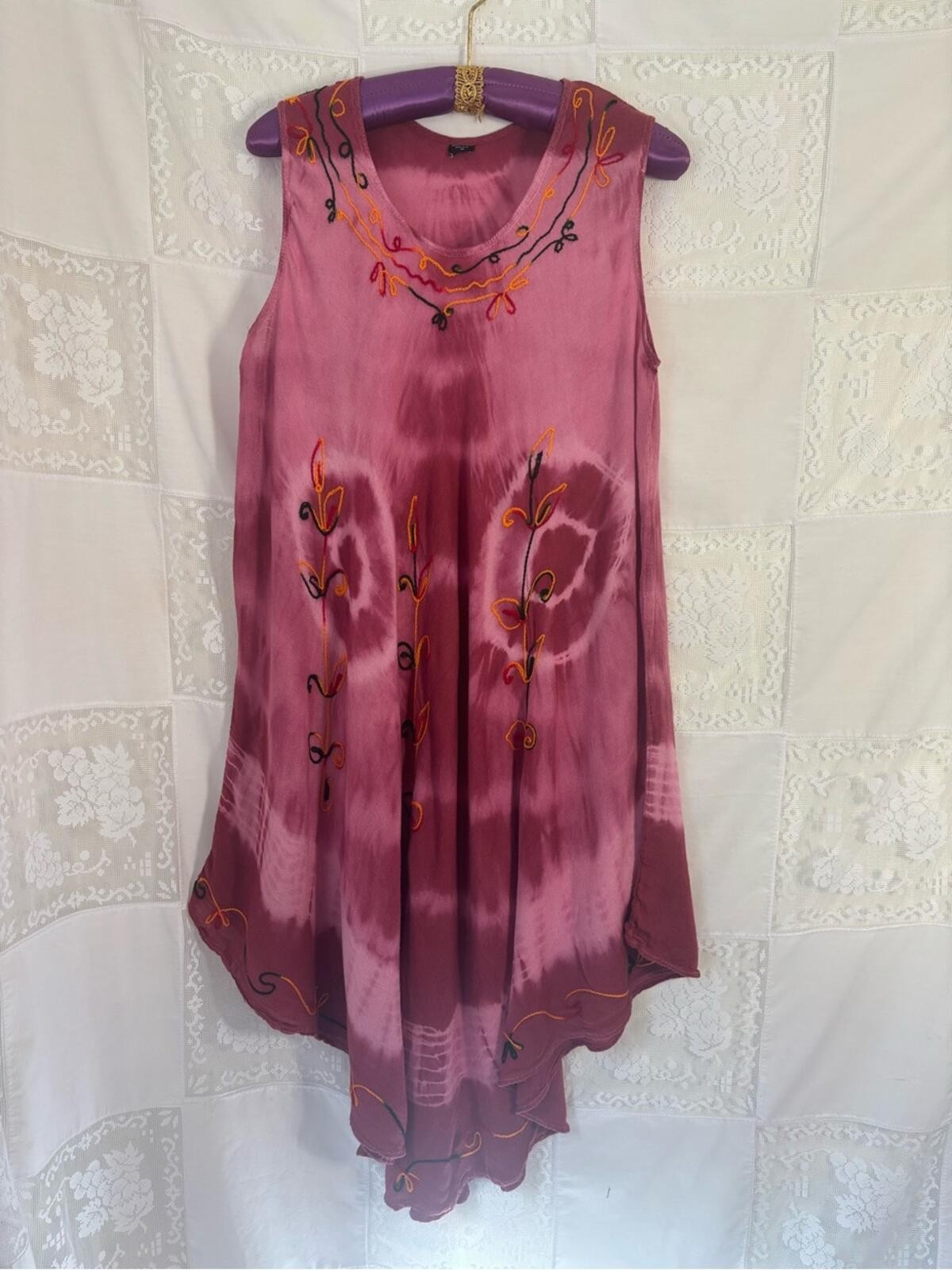 Embroidered Pink Tie Dye Folk Boho Y2K  Hippie Dress One Size