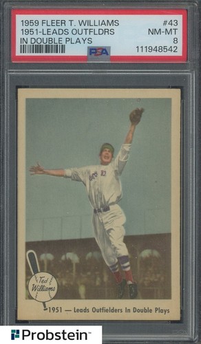 1959 Fleer Ted Williams #43 1951 Leads Outfielders In Double Plays PSA 8