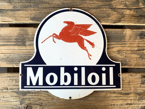 VINTAGE 13x12" MOBILOIL MOBILGAS PEGASUS GASOLINE PORCELAIN MOTOR OIL GAS SIGN