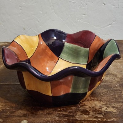 Tabletops Gallery Caracas 7'' Ruffled Bowl Hand Painted Plaid Ceramic Replacement