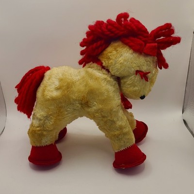 Vintage 1950s Gund Swisstone Musical Wind-Up Plush Horse Red Trim Works