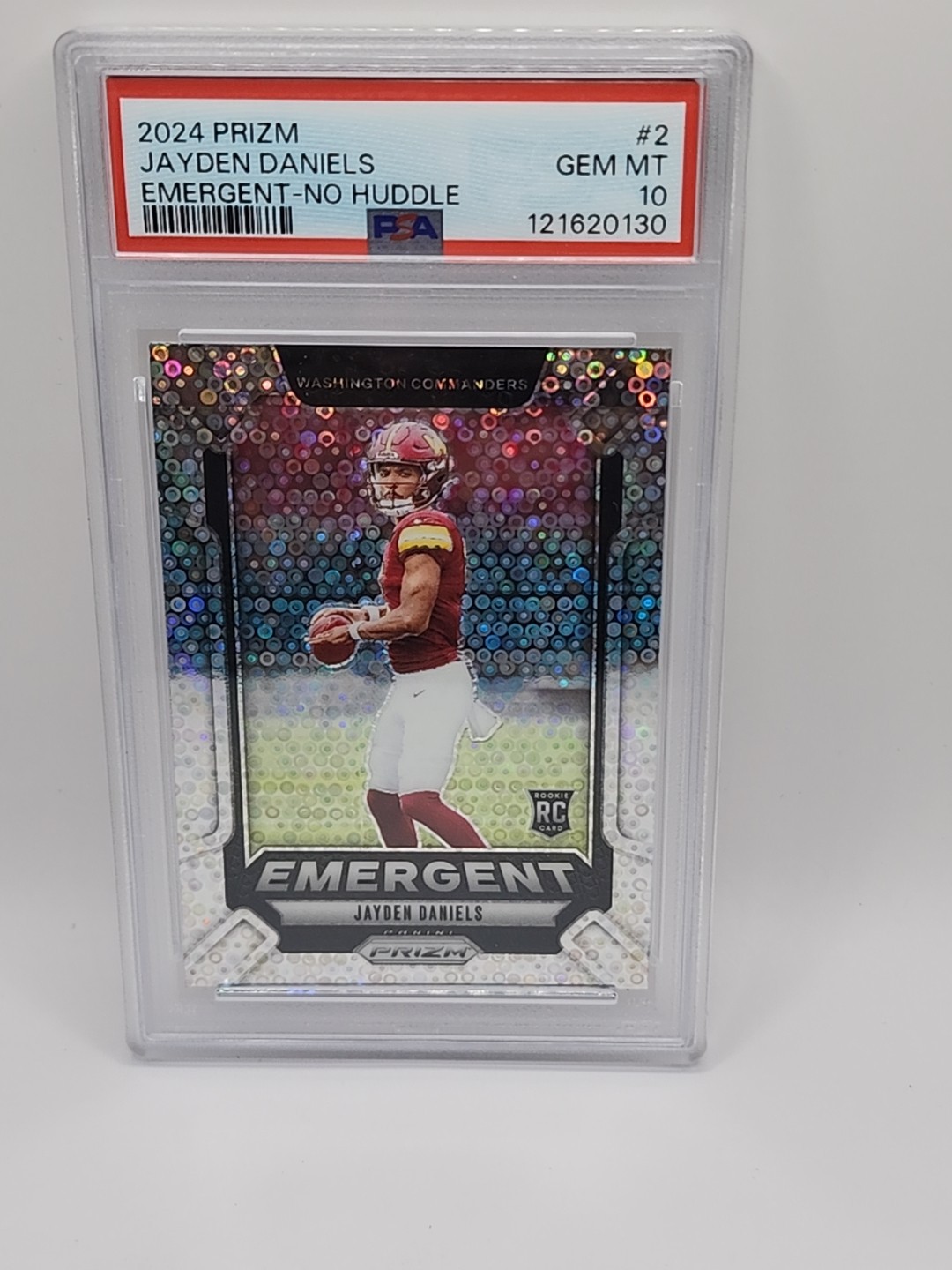 JAYDEN DANIELS 2024 PANINI PRIZM EMERGENT NO HUDDLE PRIZM ROOKIE PSA 10