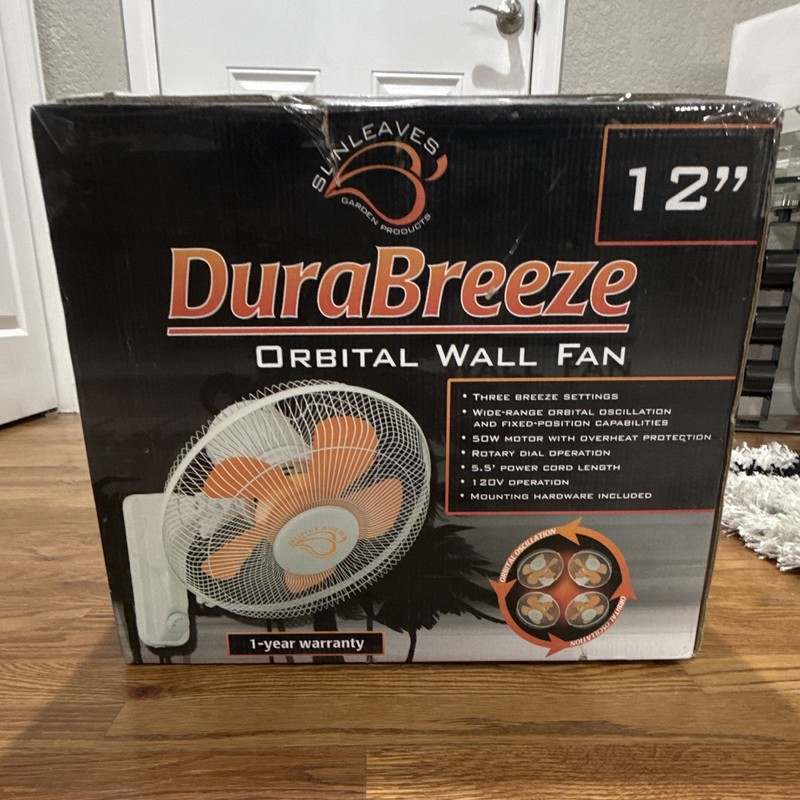 Sunleaves DuraBreeze 12in Orbital Wall Mount Fan 3-Speed 120V 50W White