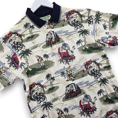 90s Boca Classics Club Golf Polo Shirt Men's M 100% Cotton Santa Holiday Pattern