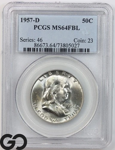 1957-D Franklin Half Dollar, FULL Bell Lines, PCGS MS 64 FBL ** Cartwheel!