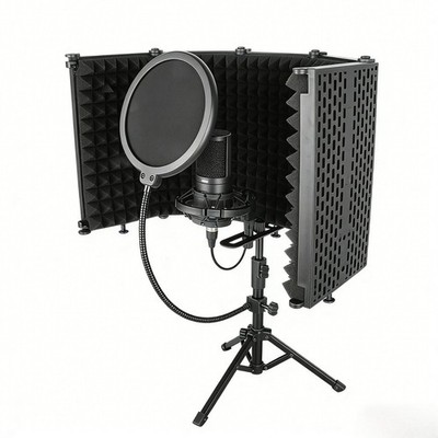 Microphone Isolation Shield, 5 Panel Sound Shield with Pop Filter and Tripod ...