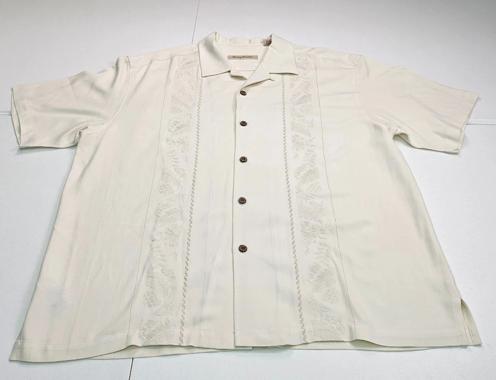 Tommy Bahama Shirt Mens XL Cream Silk Embroidered Panel Short Sleeve Camp White
Opens in a new windo