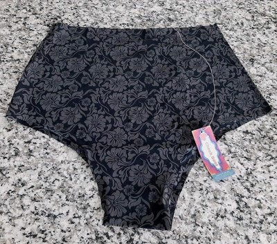 High Waisted Cheeky Black Grey Paisley Flowers Size 2XL