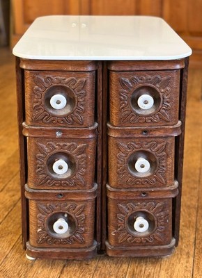 Antique Singer Sewing Machine 6 Drawer Cabinet Table Oak Wood Ornate Carved Vtg.