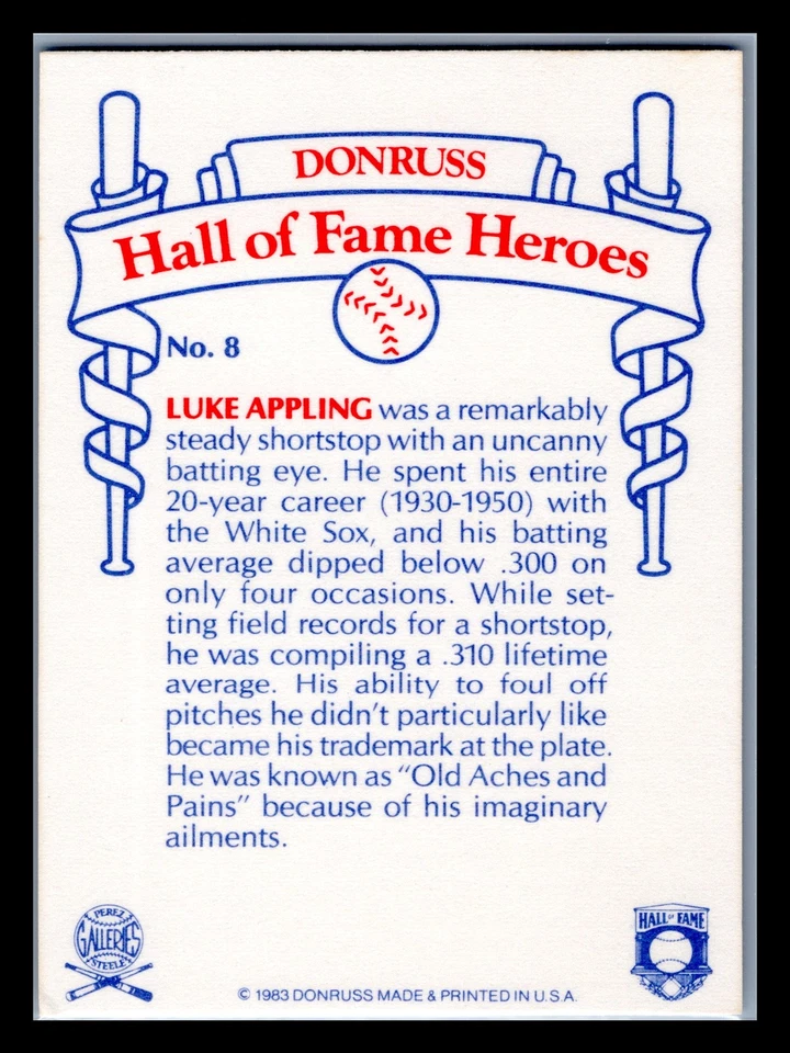 1983 Donruss Hall of Fame Heroes #8 Luke Appling Chicago White Sox - Image 2 of 2