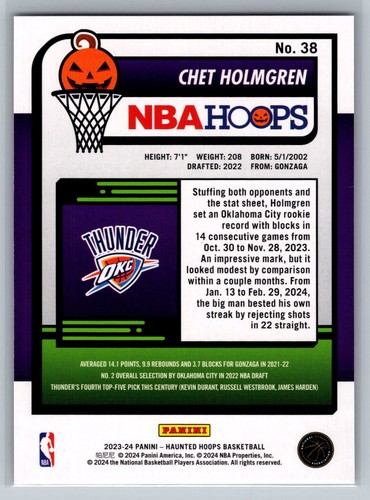 2023-24 Panini Haunted Hoops Chet Holmgren #38 Oklahoma City Thunder - Picture 2 of 2