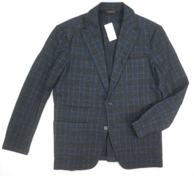 NEW $850 ALTEA TONAL GRAY & BLUE JOSH PLAID FLANNEL WOOL BLEND BLAZER SIZE L