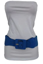 New Women Fashion Cobalt Blue Elastic Fabric Belt Square Buckle Hip Waist M L