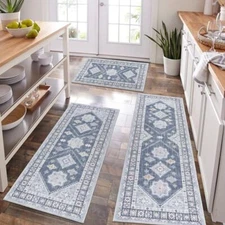 HEBE Boho Kitchen Rug Sets 3 Piece with Runner 20"x32"+20"x48"+20"x59" Ash Blue